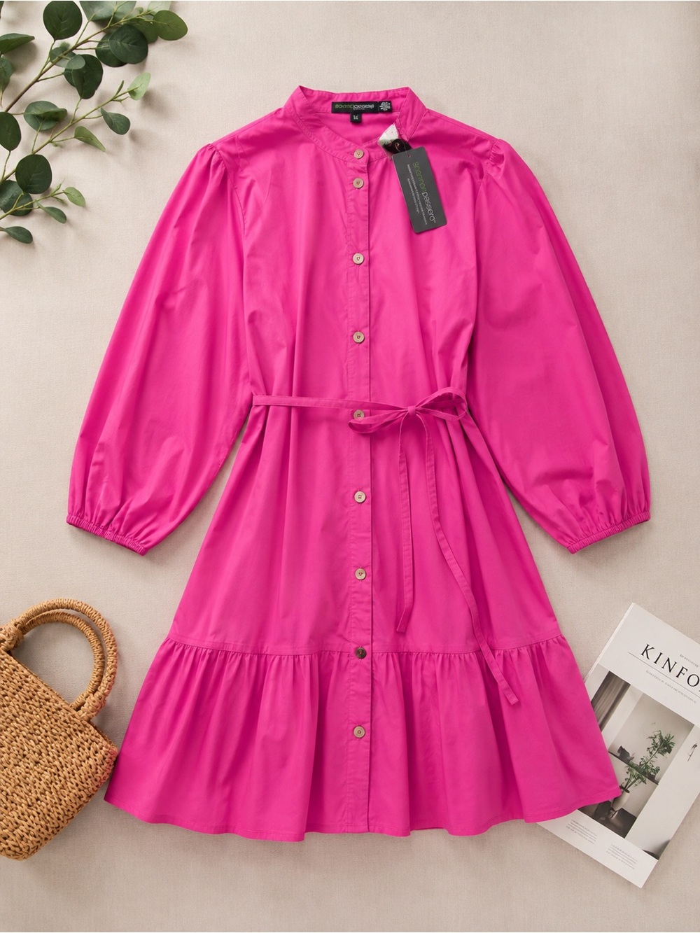 Bright Pink Button-Front Tie-Waist Midi Dress